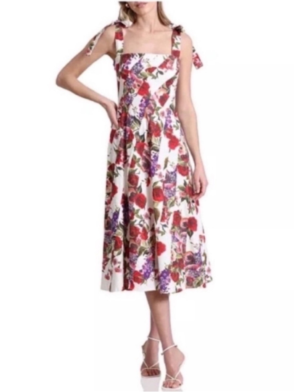 Avec Les Filles White Floral Tie-Shoulder Midi Dress with Red & Purple Blooms 4
